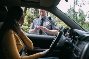 Police officer talking to driver.