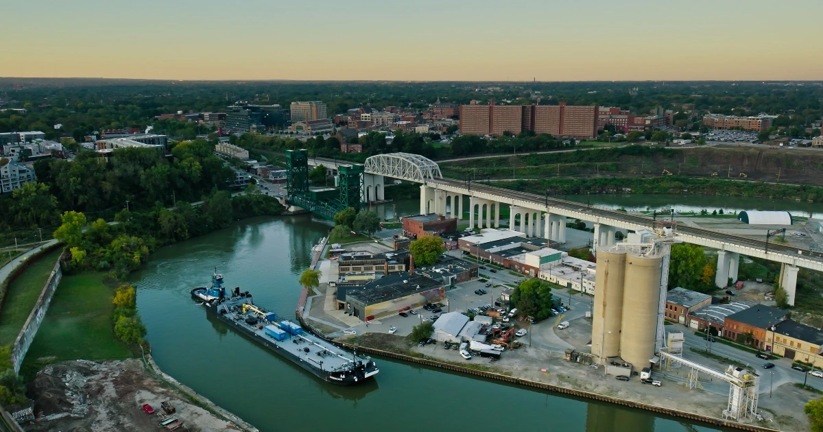 elevated view of a river and city